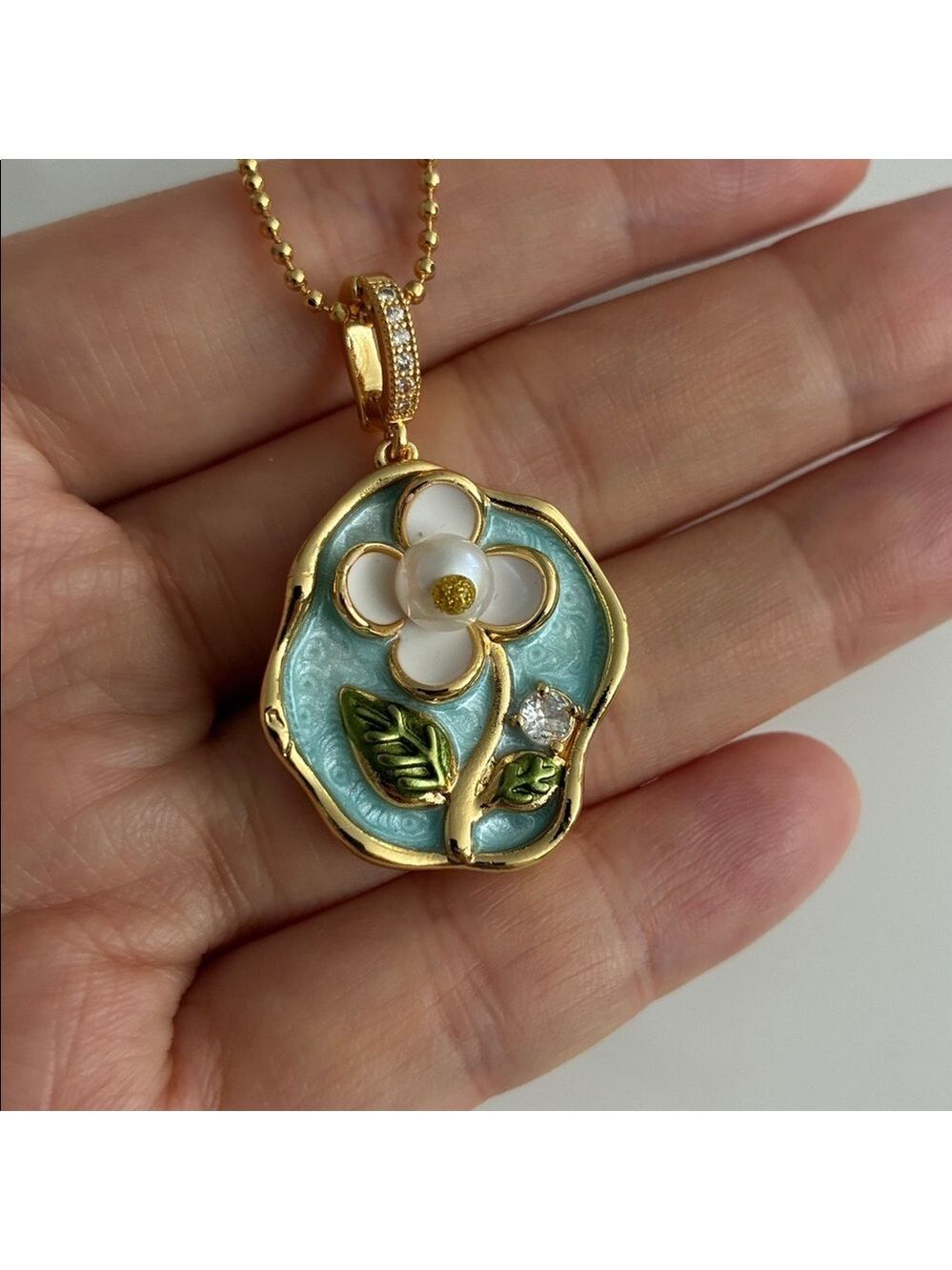 Green Enamel Flower Gold Necklace, Freshwater Pearl Necklace, Handmade Pendant - Picture 2 of 6